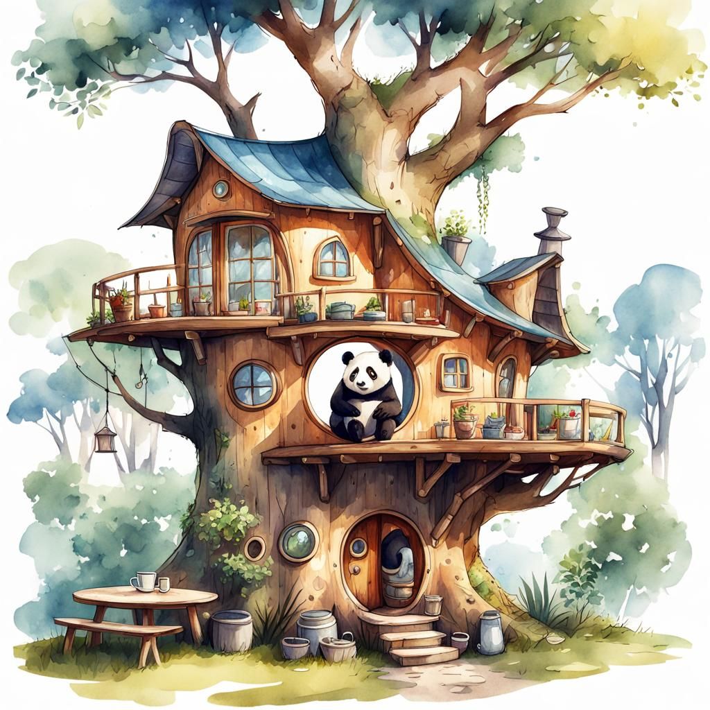Panda's Tree Trunk Home: A Watercolor Illustration