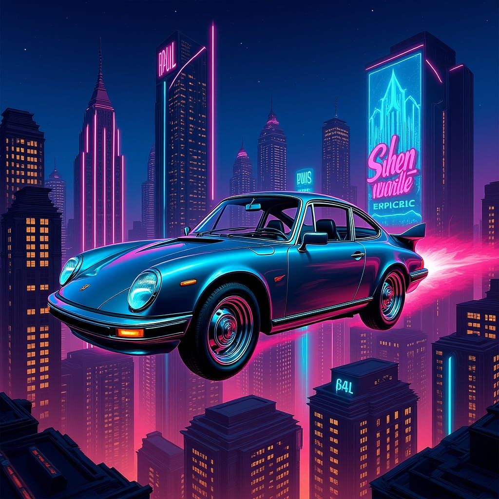 Retro Futuristic Flying Car Over Metropolis