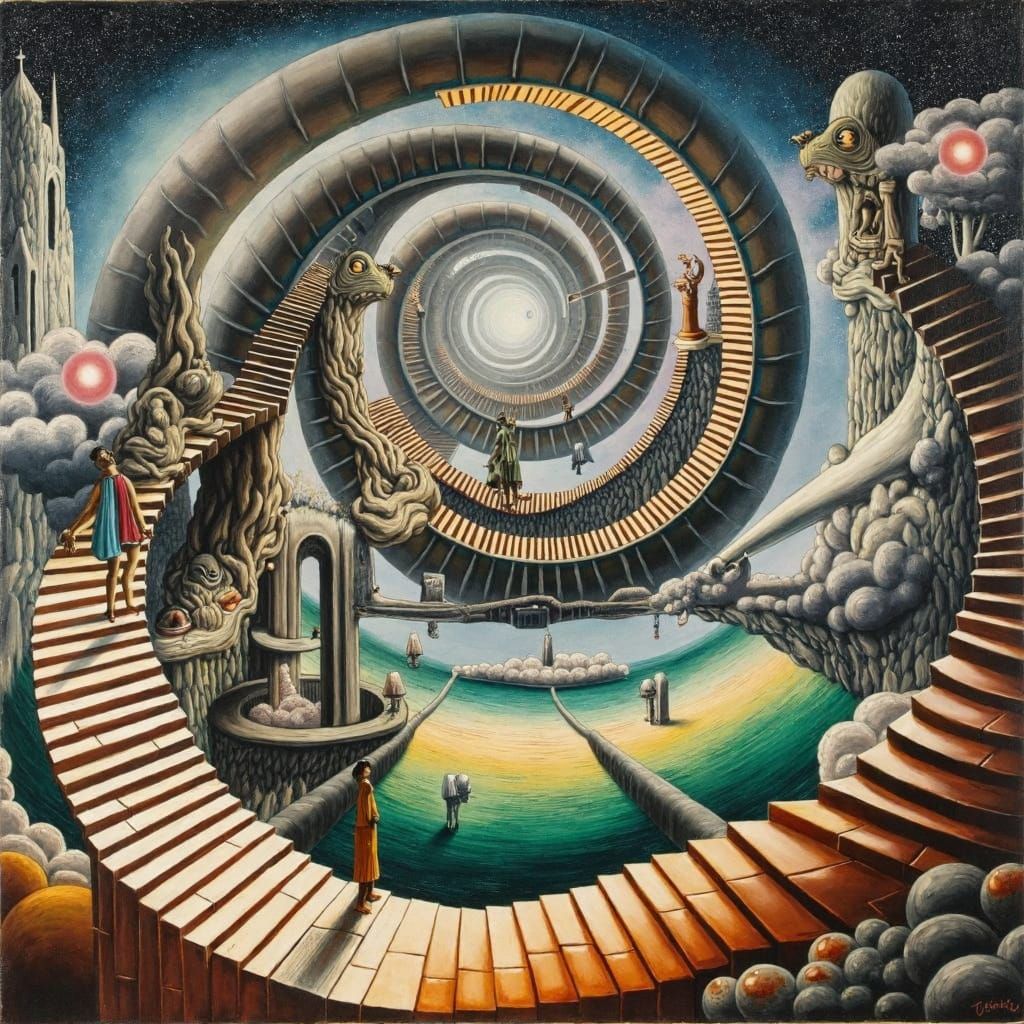 Dreamlike Surrealist World with Spiraling Pathway