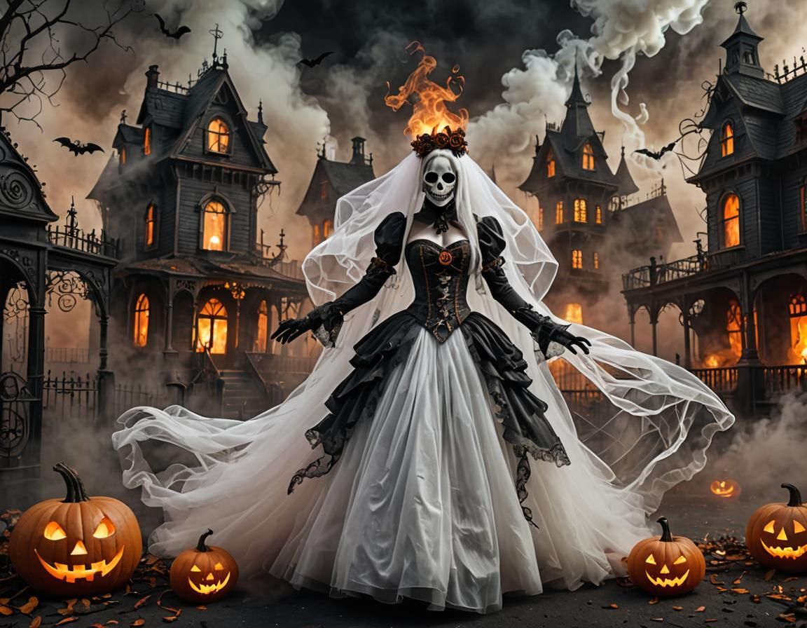 Steampunk Ghost in Fog with Halloween Decorations