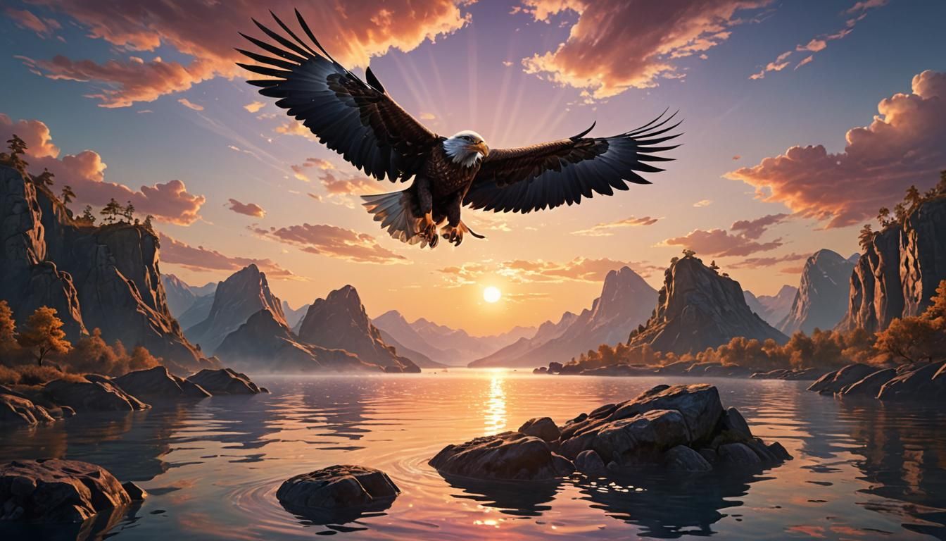 Majestic Eagle Spreads Wings at Sunrise: Fantasy Art
