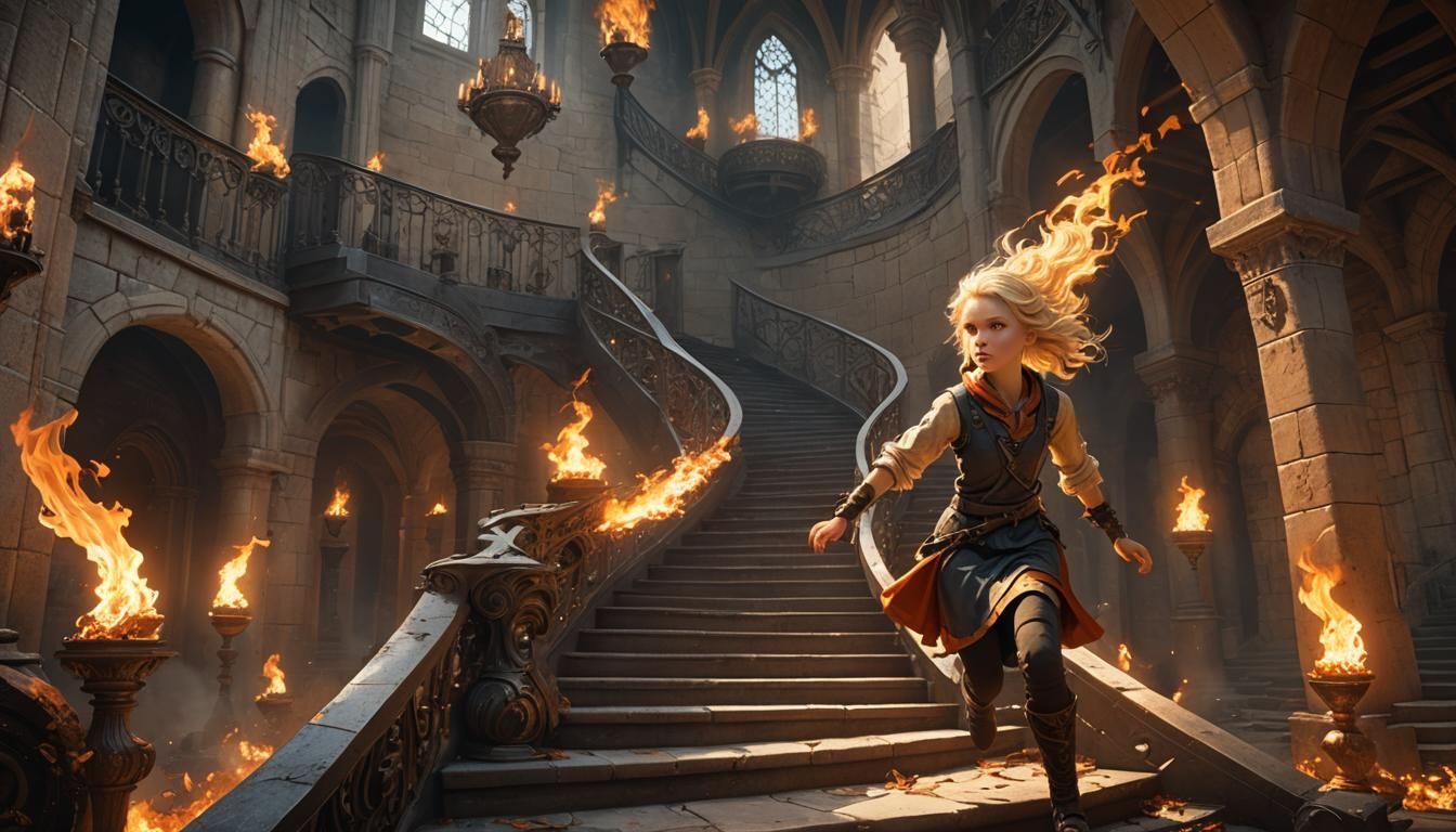 Girl Running in Flame Castle: Dark Fantasy Art
