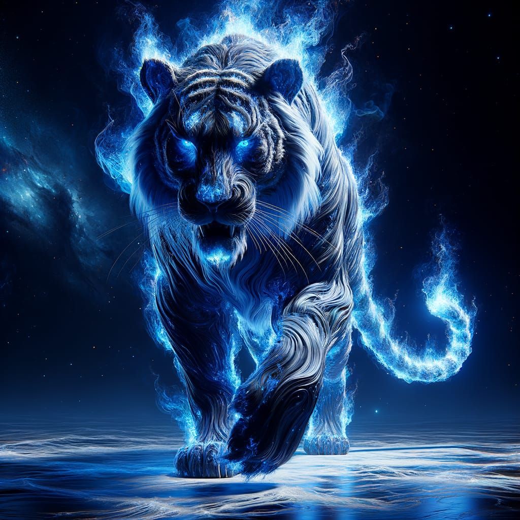 Blue Flame Tiger in Cosmic Darkness