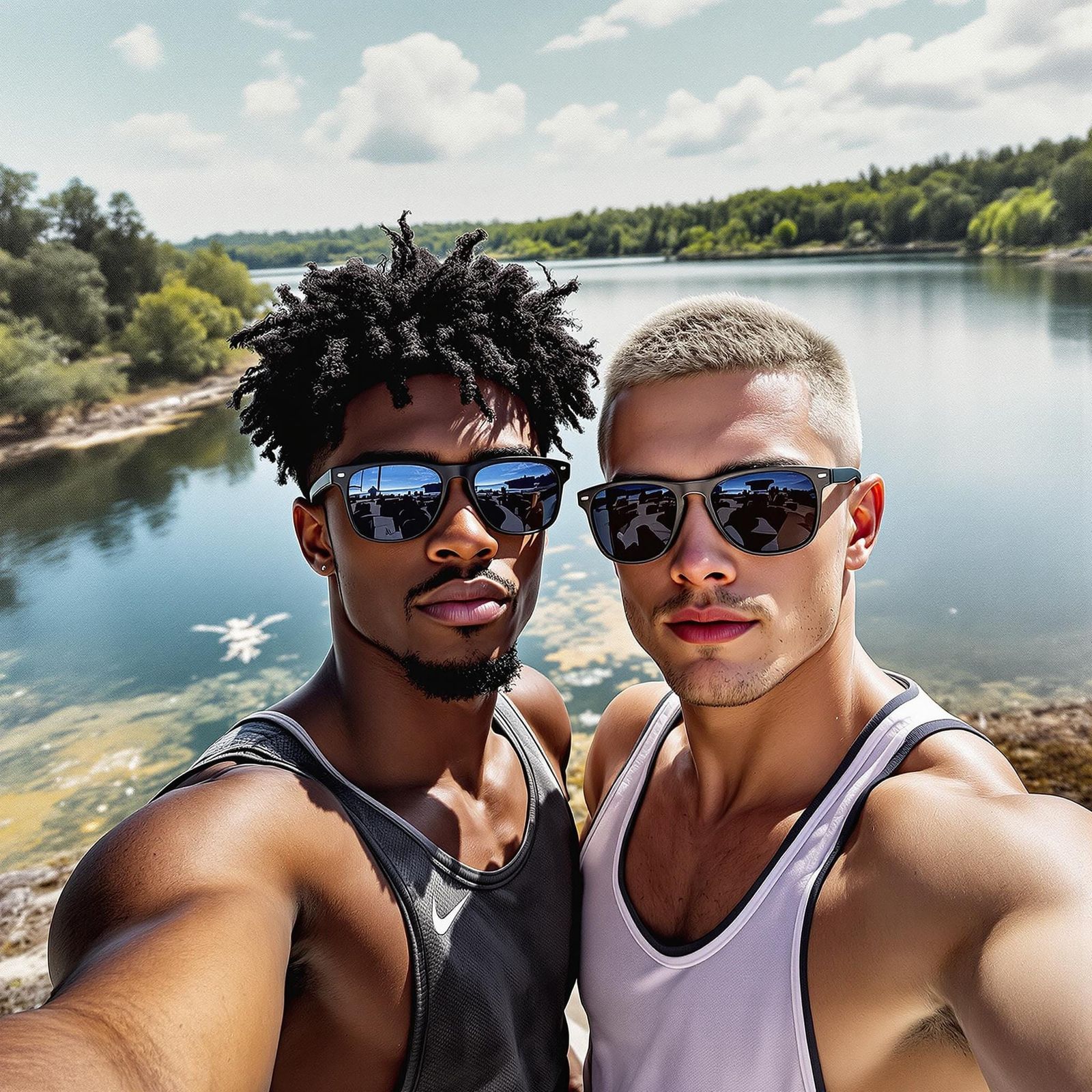 Cinematic Lakefront Portrait in Gouache Style