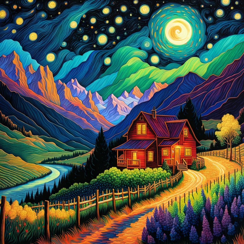 Vibrant Vineyard Mountains in Starry Night Style