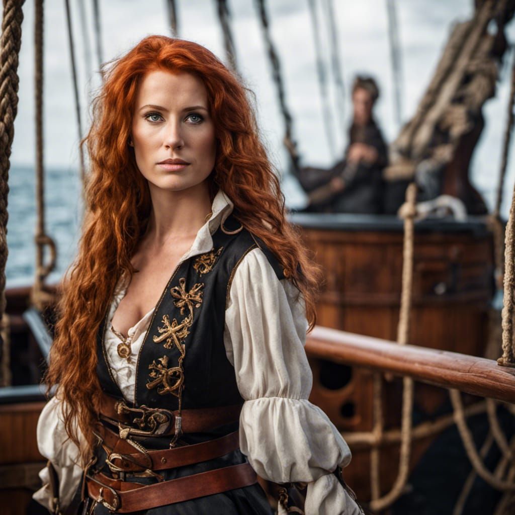 Hyperrealistic Portrait of a Red-Haired Female Pirate