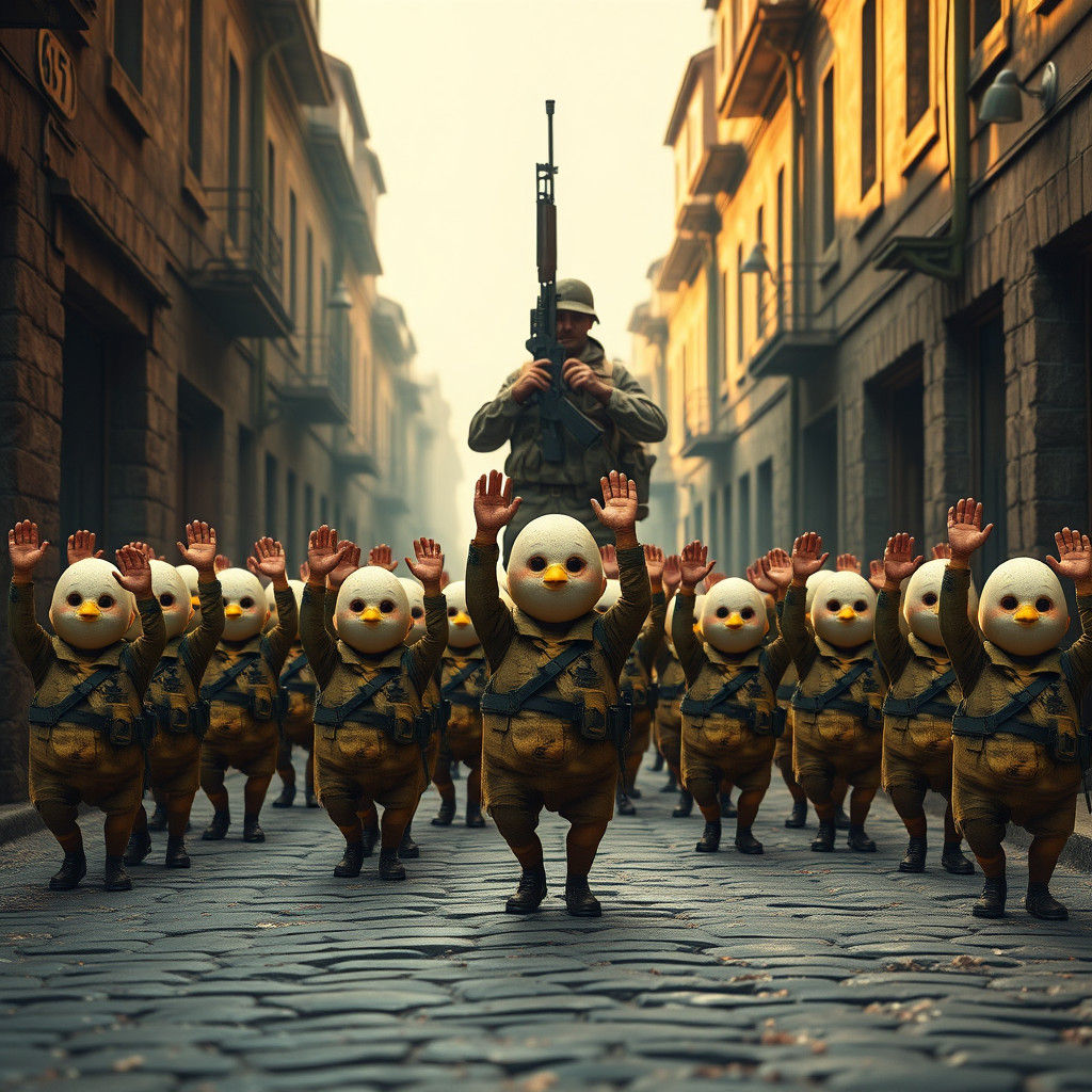 Anthropomorphic Eggs March in Surrender to Menacing Soldier...