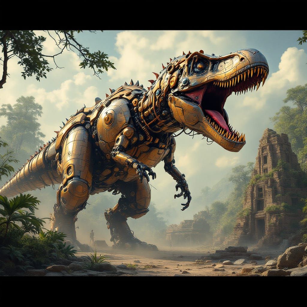 Mecha T-Rex vs Apatosaurus in Retro-Futuristic Style