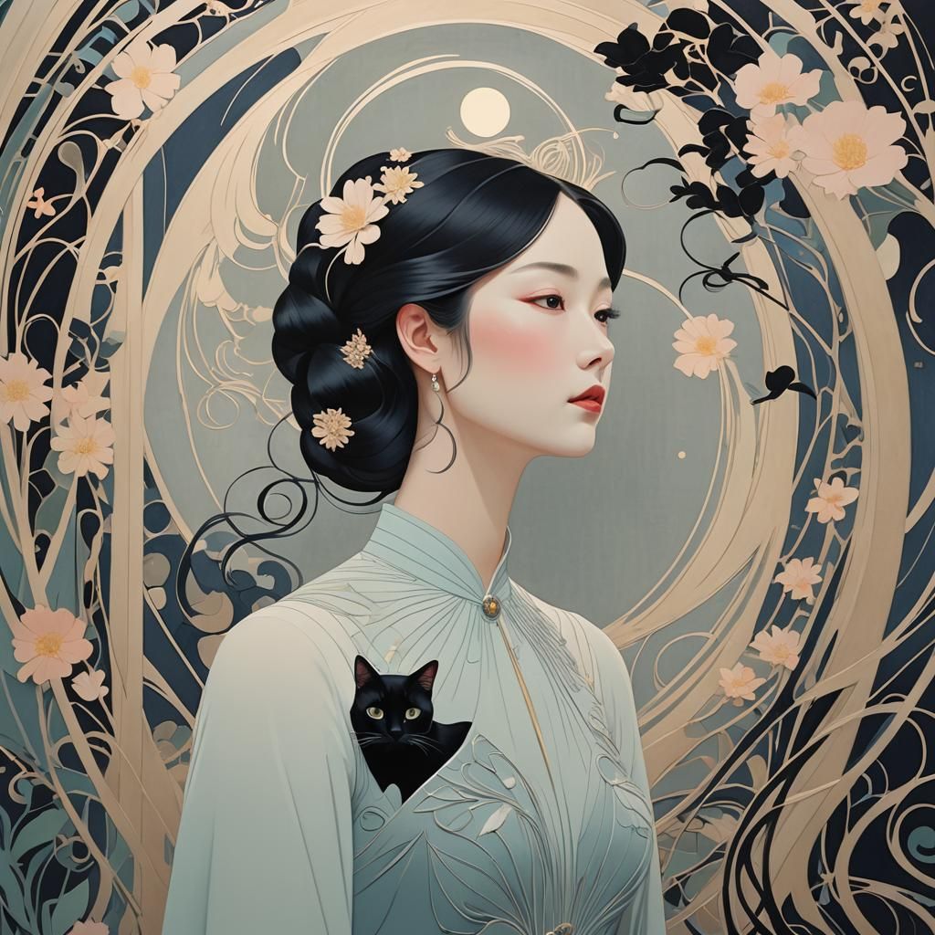 Elegant Girl and Black Cat in Art Nouveau Style