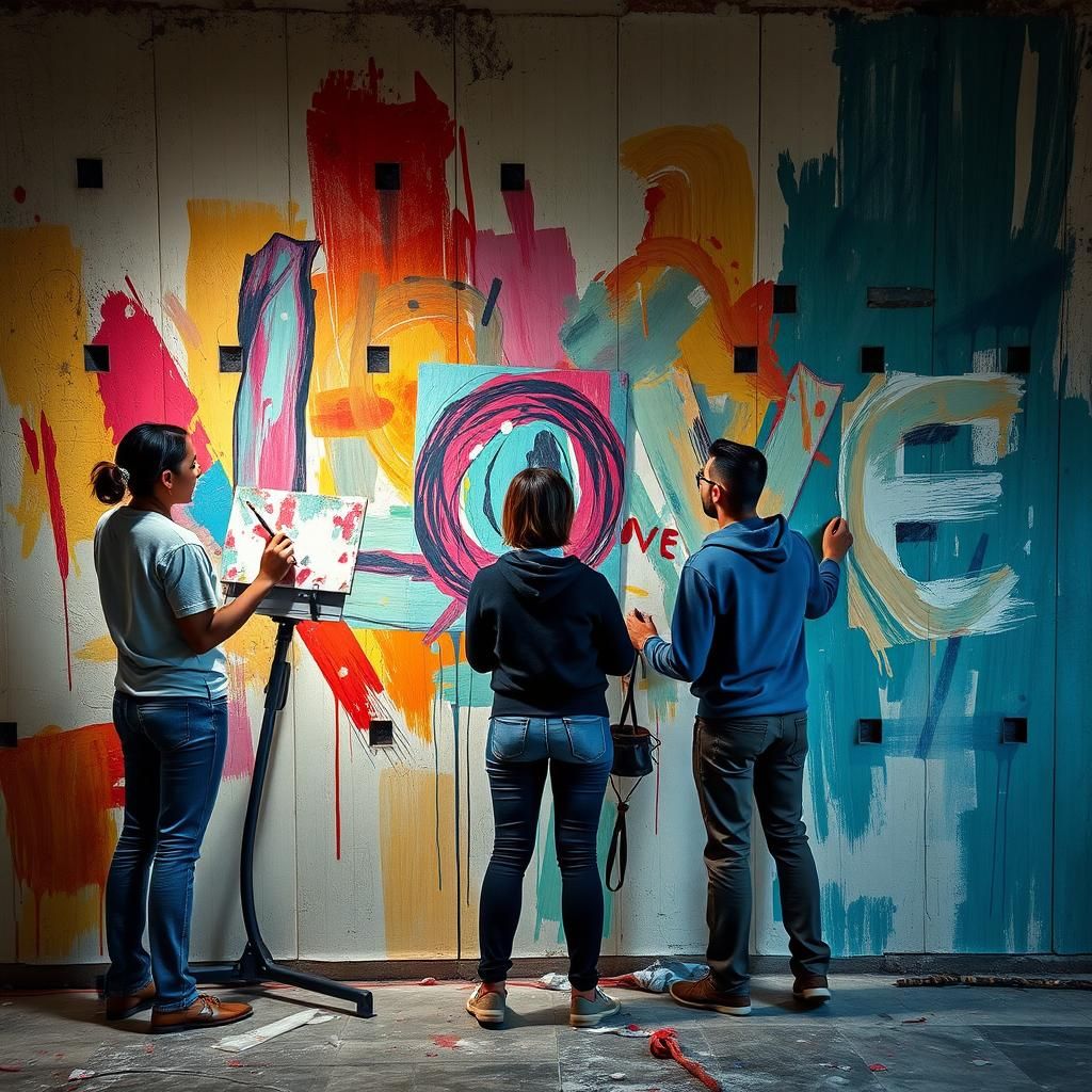 People Painting a Mural of Love with Pastels