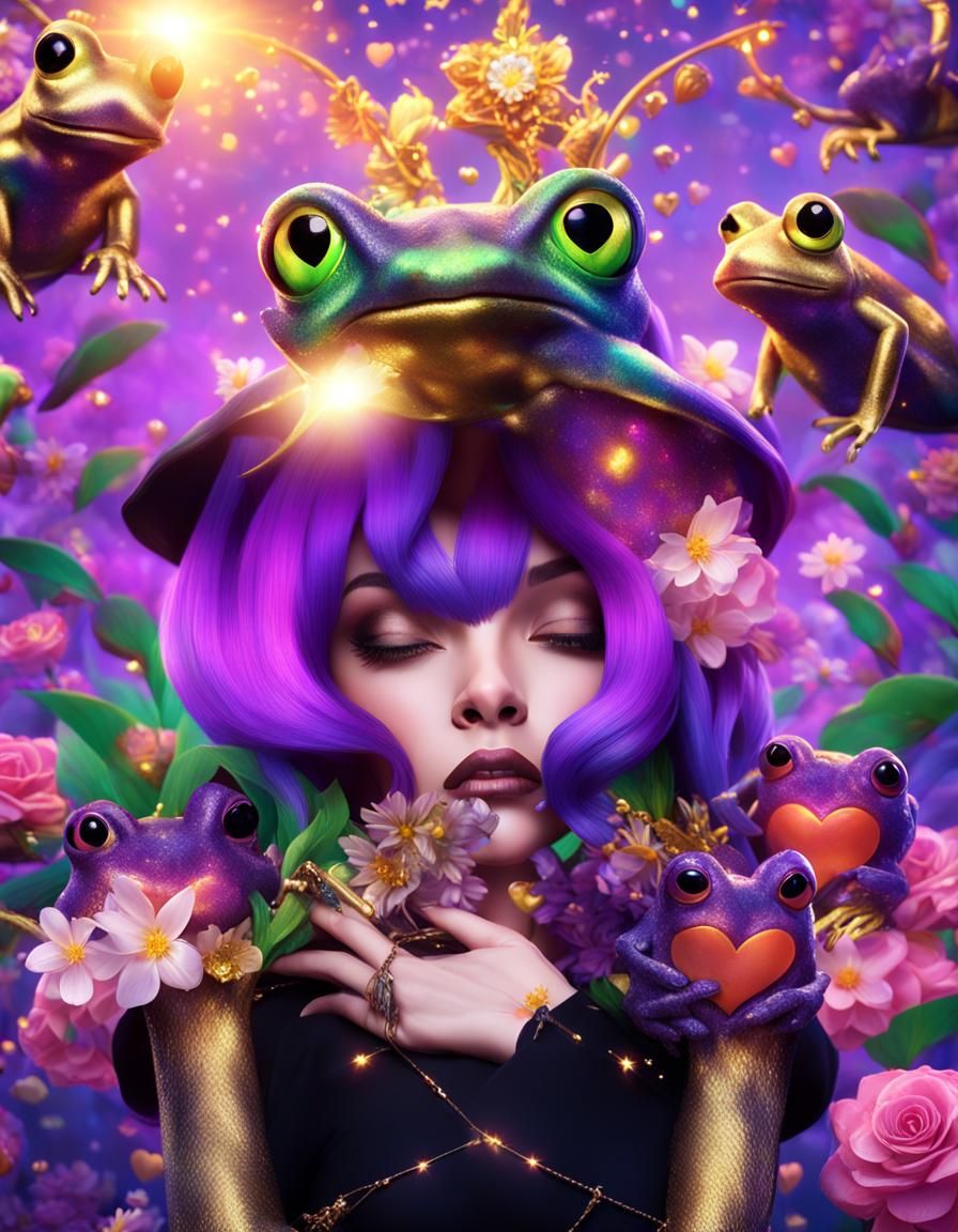 Woman Surrounded by Diamond Frogs, Digital Matte Painting