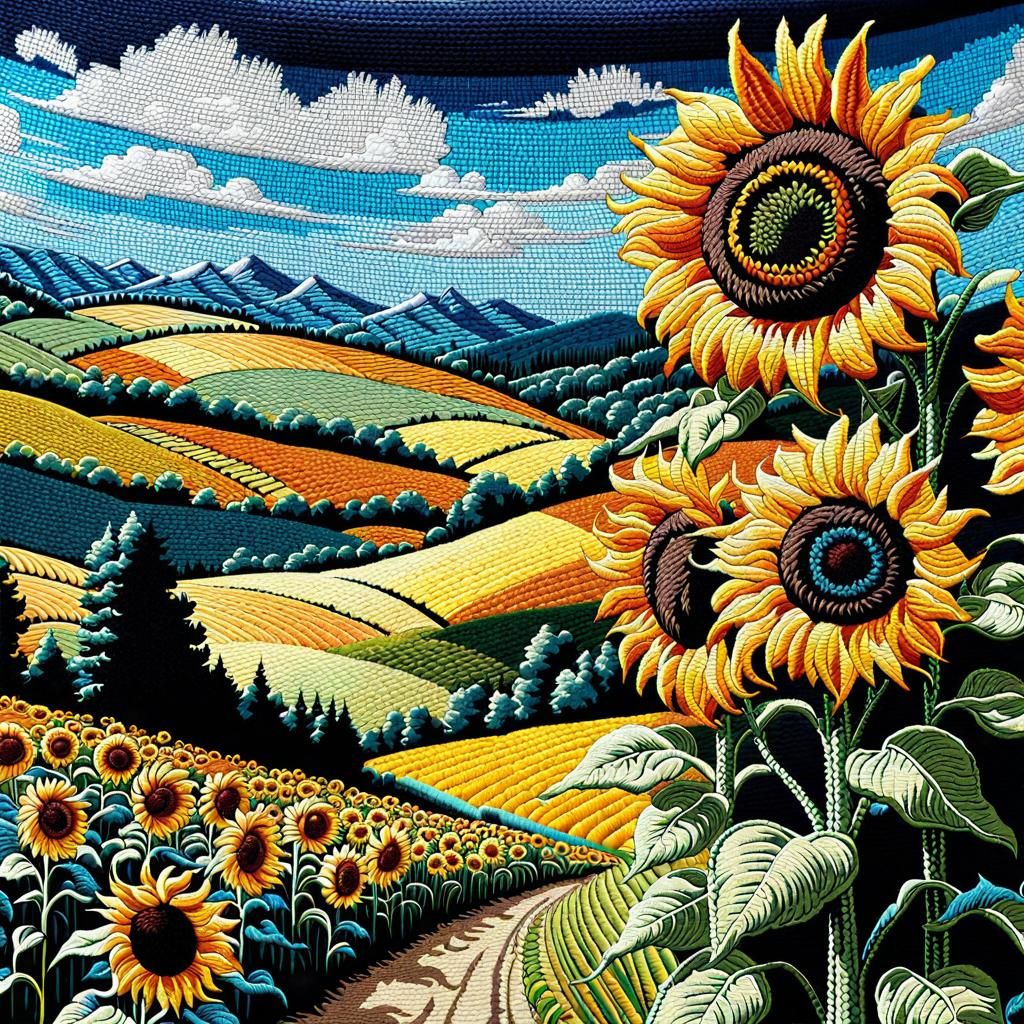 Embroidered Sunflower Field Tapestry Art