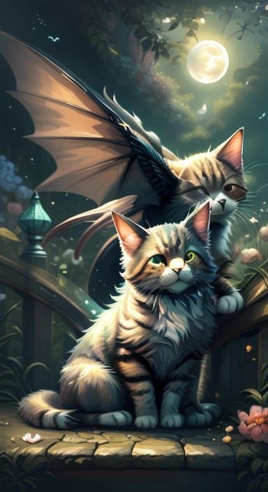 Whimsical Cat and Bat on Moonlit Garden Fence