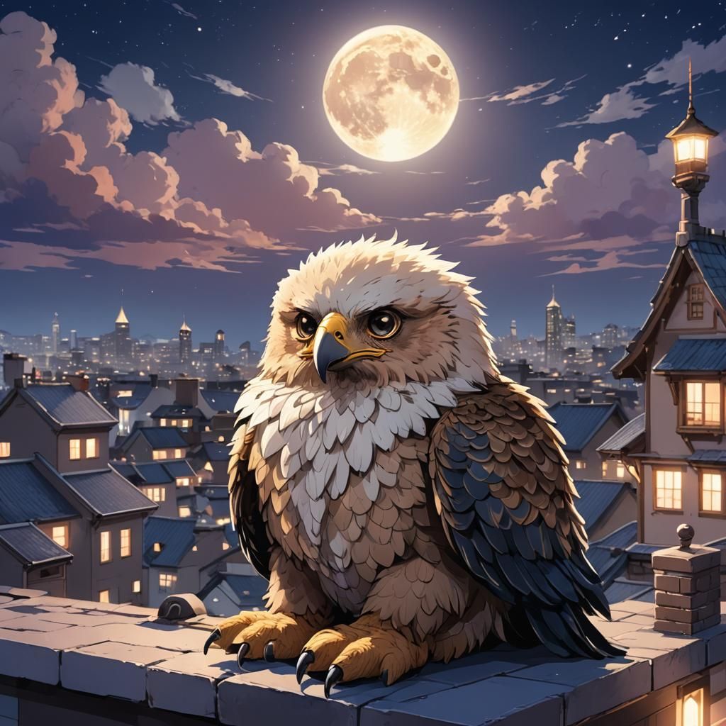 Anime Eagle Teddy Bear on Moonlit Roof