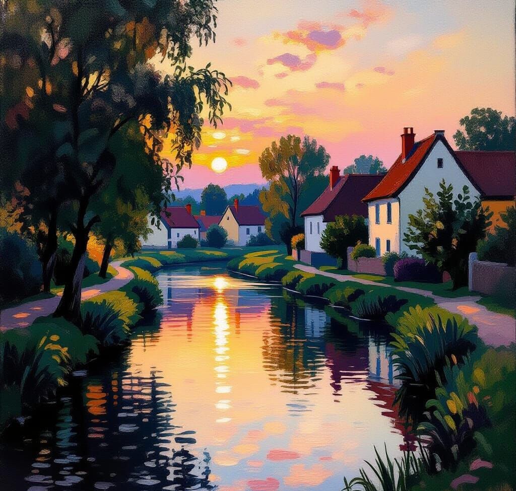 Impressionist Village at Dusk With River