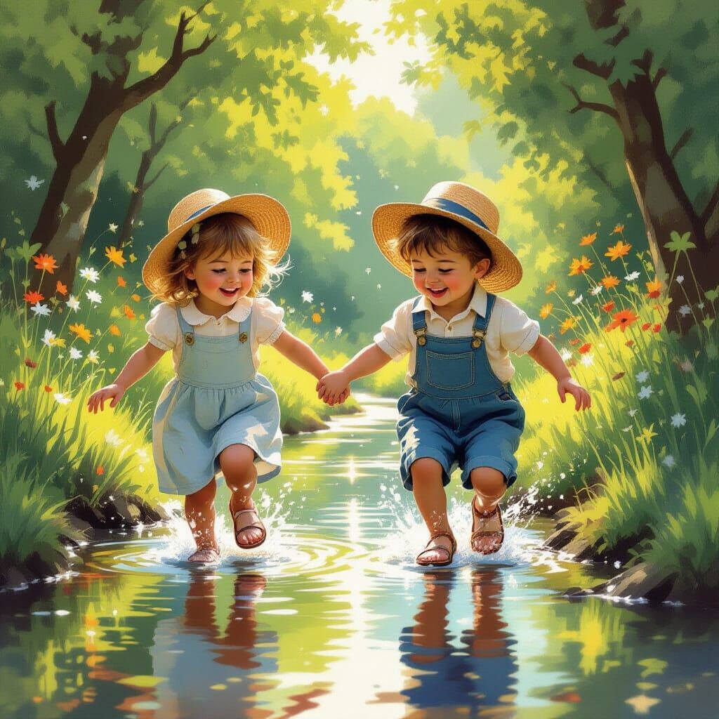 Children Playing in Puddles: Beatrix Potter Style