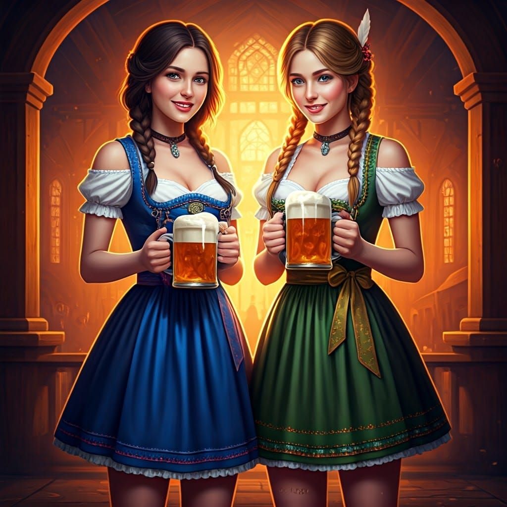 Joyful Girls Celebrate Oktoberfest in Ornate Digital Art