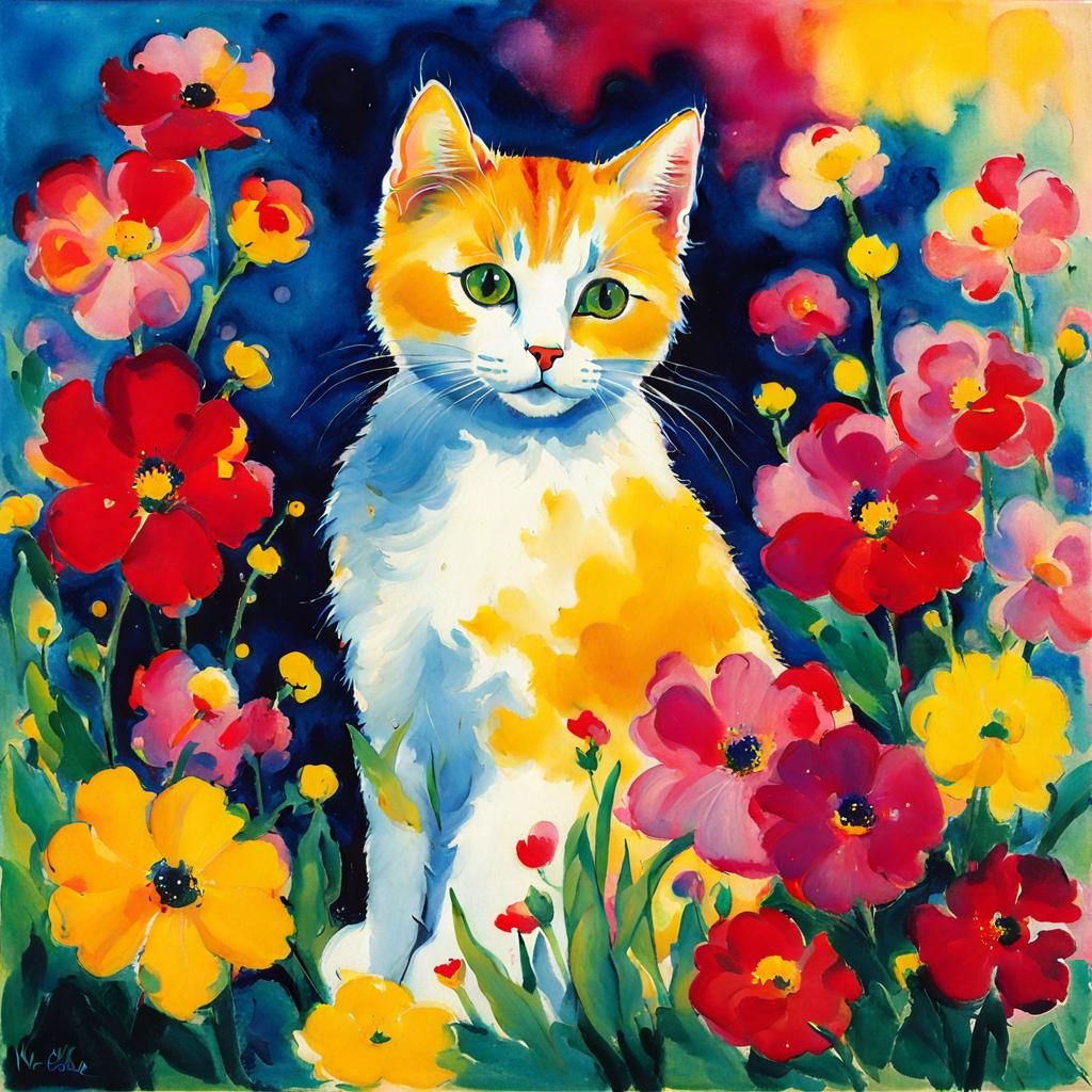 Cat on Pillow in Expressionist Style