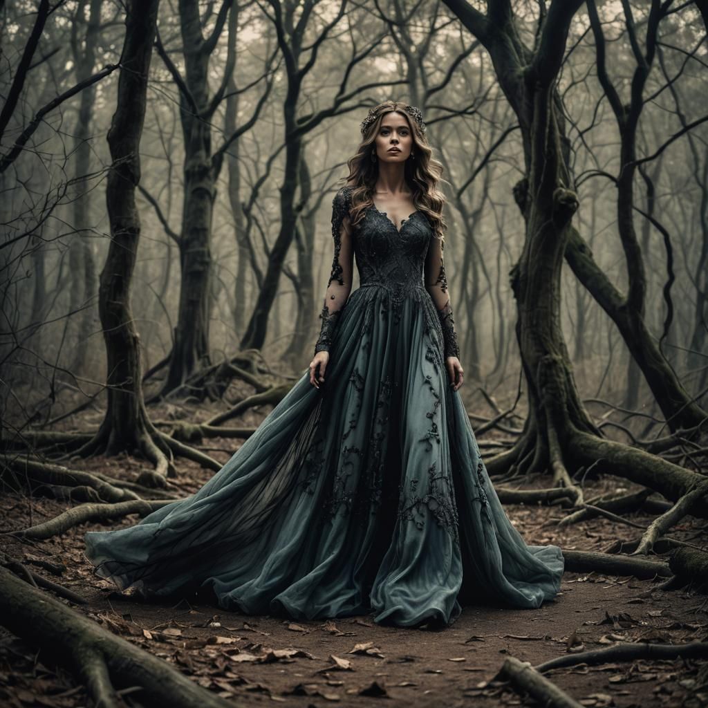 Full length view, Beautiful woman, long flowing gown, lost in the haunted forest