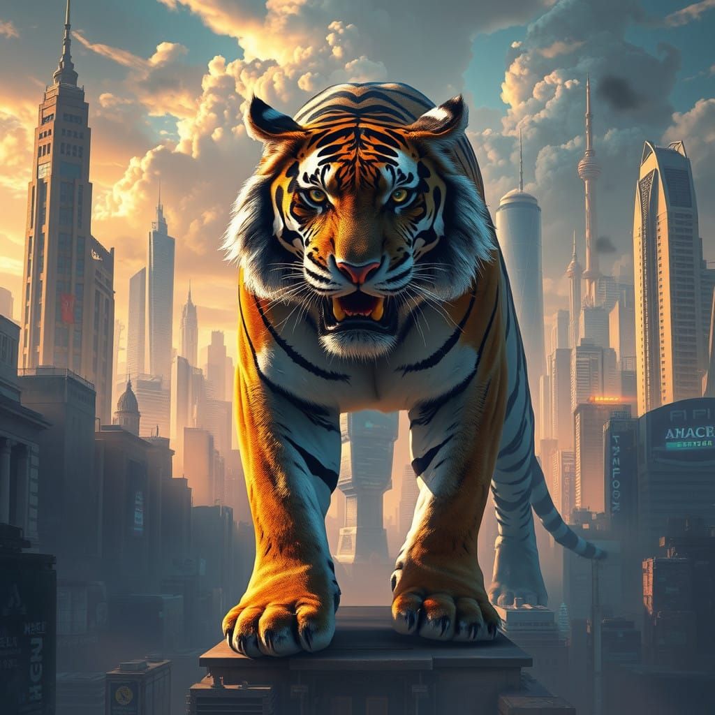Imposing Tiger Dominates Futuristic Cityscape