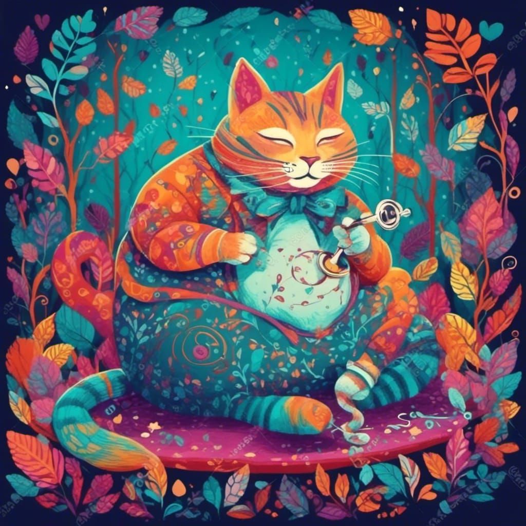 Psychedelic Cat Smoking Hookah in Colorful Forest