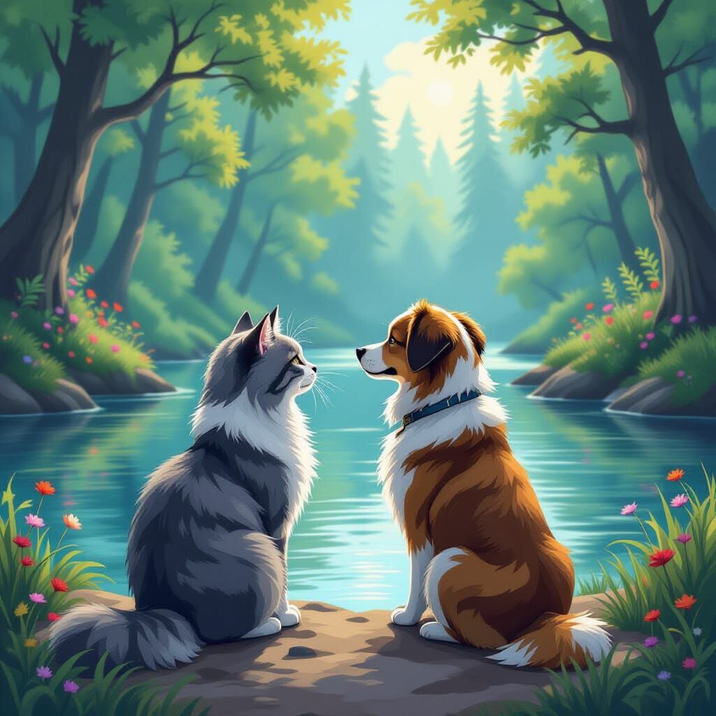 Realistic Cat and Dog in Magical Forest