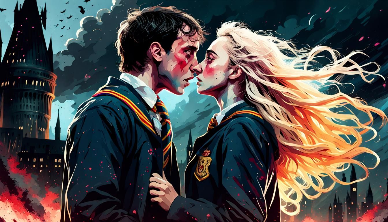 Passionate Kiss Amidst War, Dark Art Style