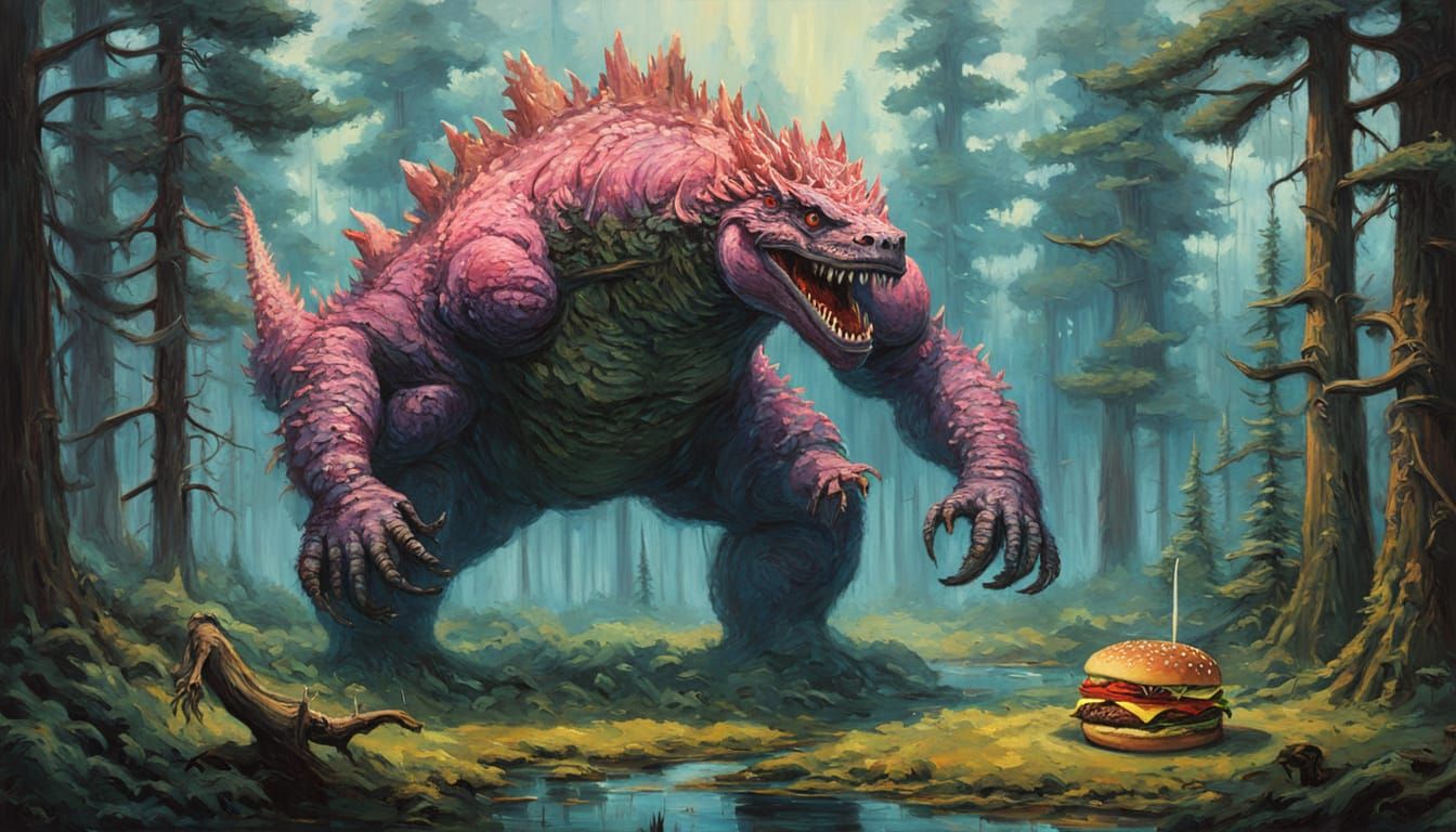 Pink Godzilla Savoring Burger in Lush Bog Forest