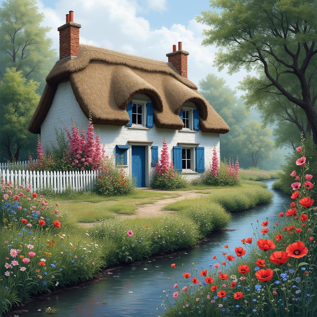 Charming Whitewashed Cottage with Vibrant Floral Garden