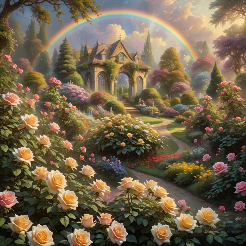 Rainbow Over Rose Garden in Ethereal Light