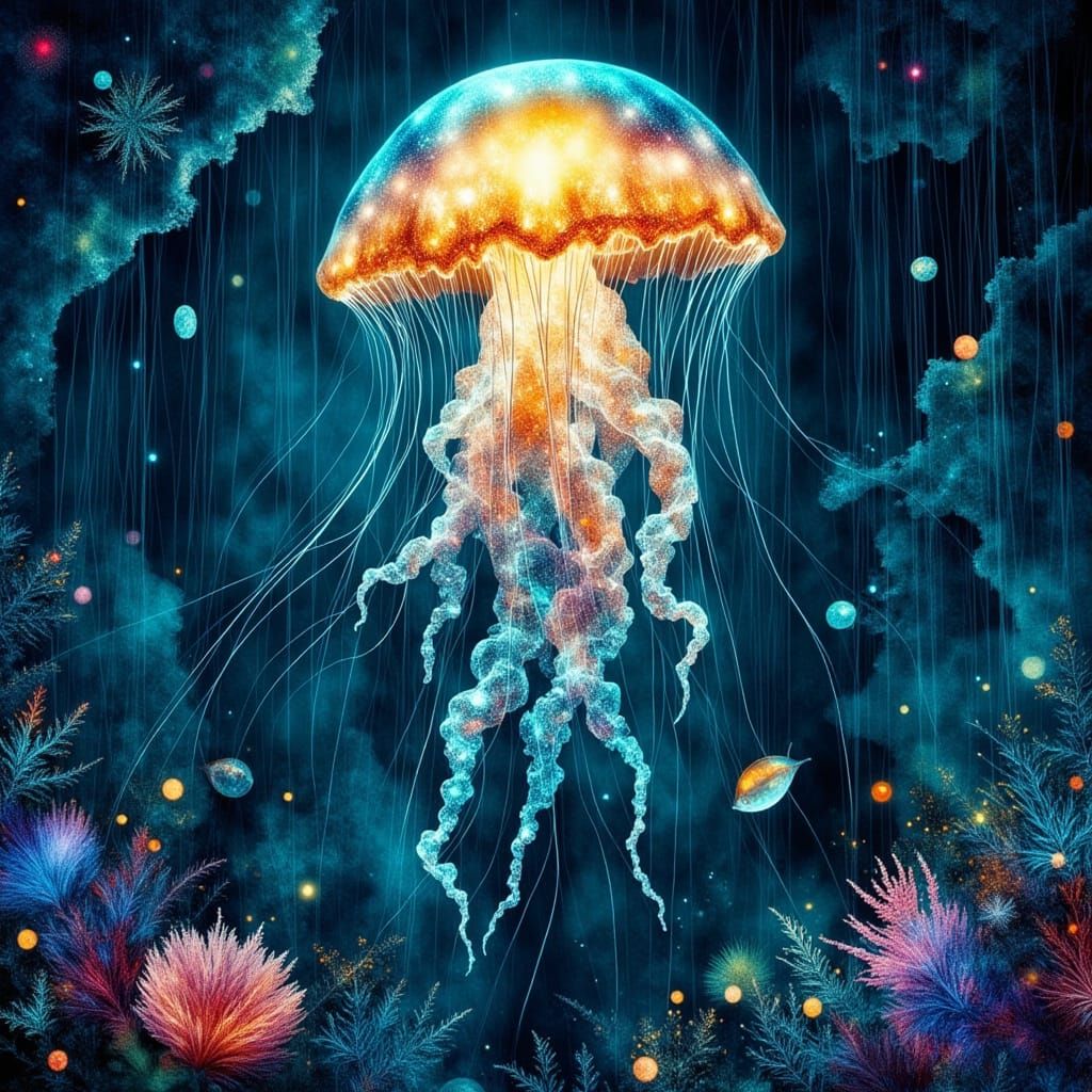 Bioluminescent Jellyfish in Art Nouveau Kelp Forest