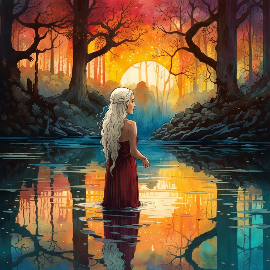 Daenerys Targaryen and Mirrored Reflection, Watercolor