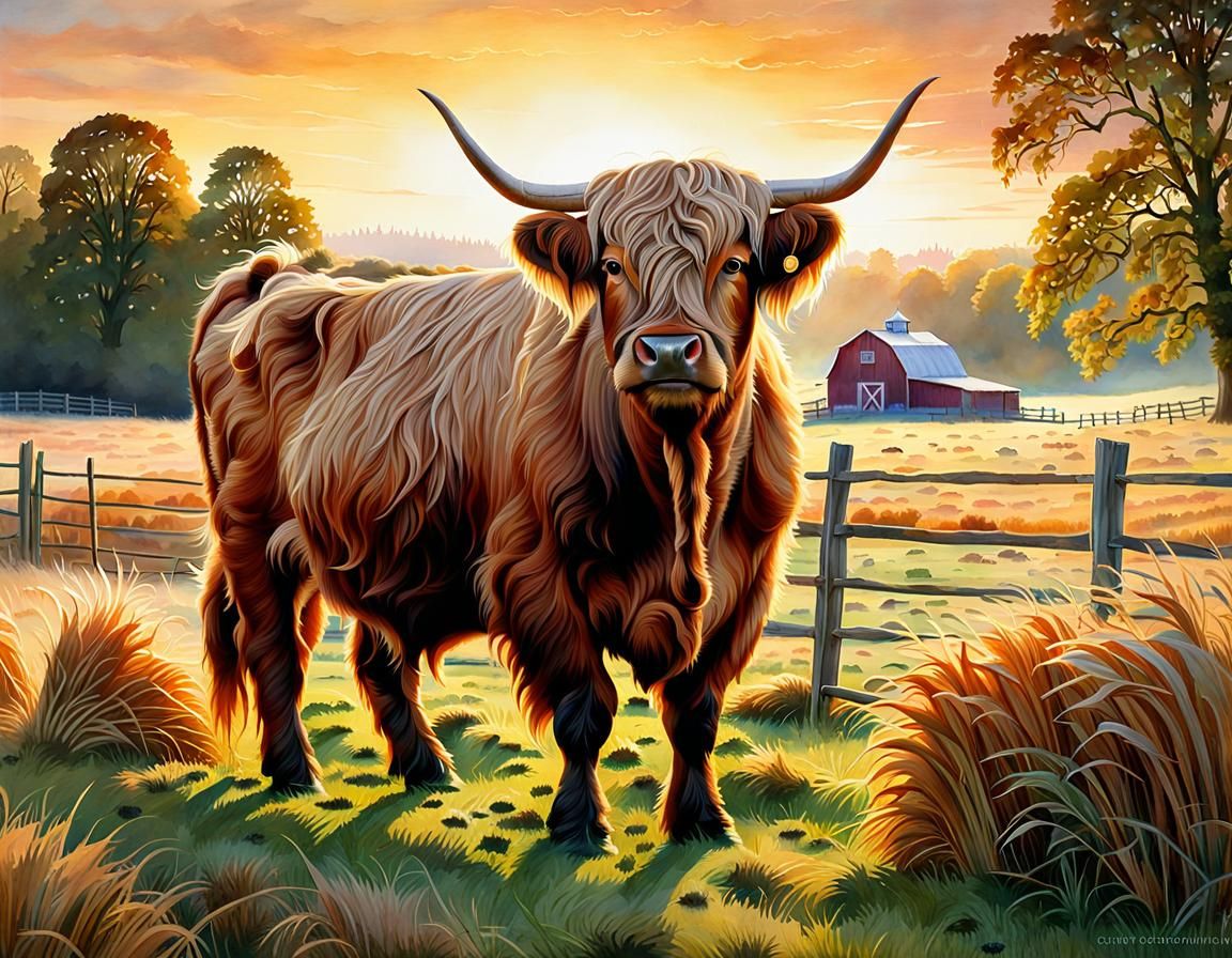 Highland Cow in Farm Field, Watercolor Painting