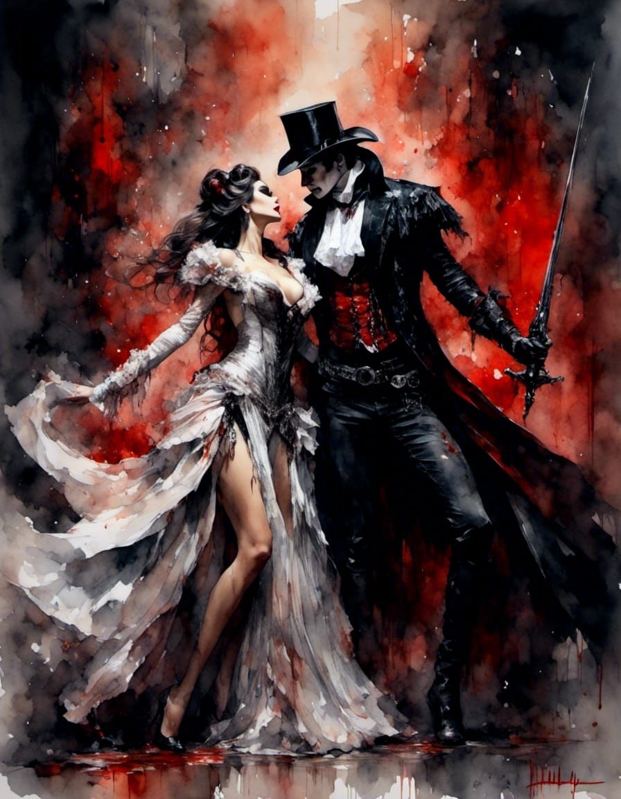 Vampire's Embrace: A Darkly Sensual Gouache Painting