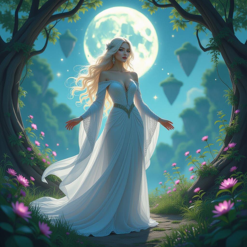 Celestial Sorceress in Glowing Grove, Art Nouveau Style