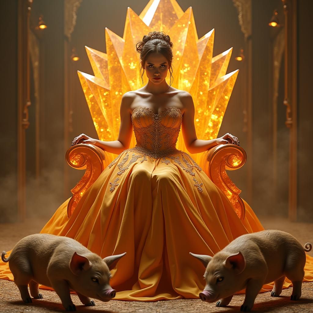 Regal Figure on Citrine Throne with Humanoid Pigs