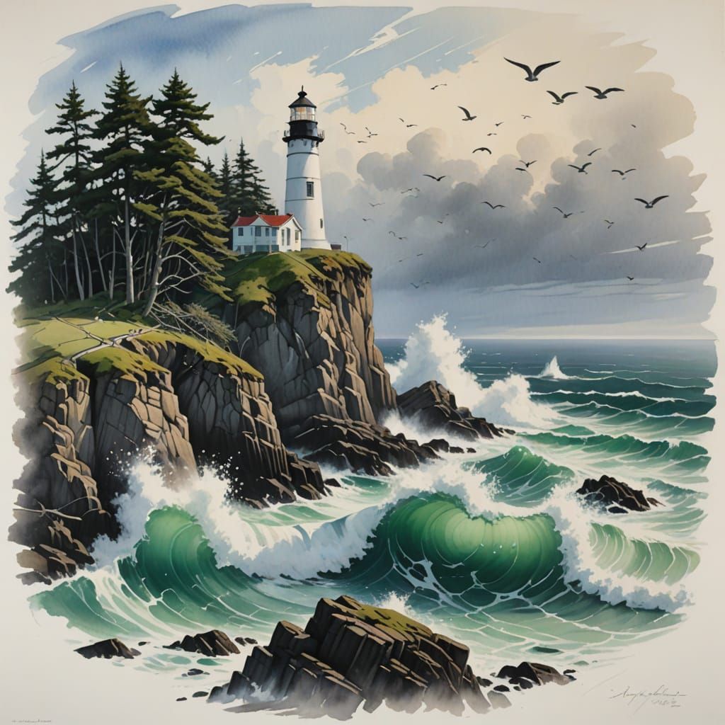 Lighthouse on Rugged Cliff with Contemplative Figure