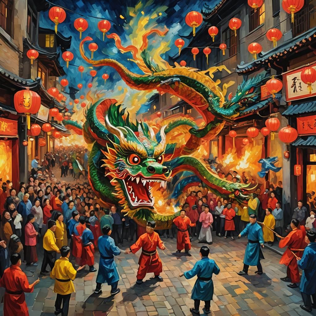 Dragon Dance in Chinatown: A Van Gogh-Inspired Impression