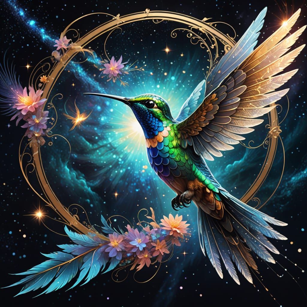 Celestial Hummingbird Soars Through Nebula in Iridescent Glo...