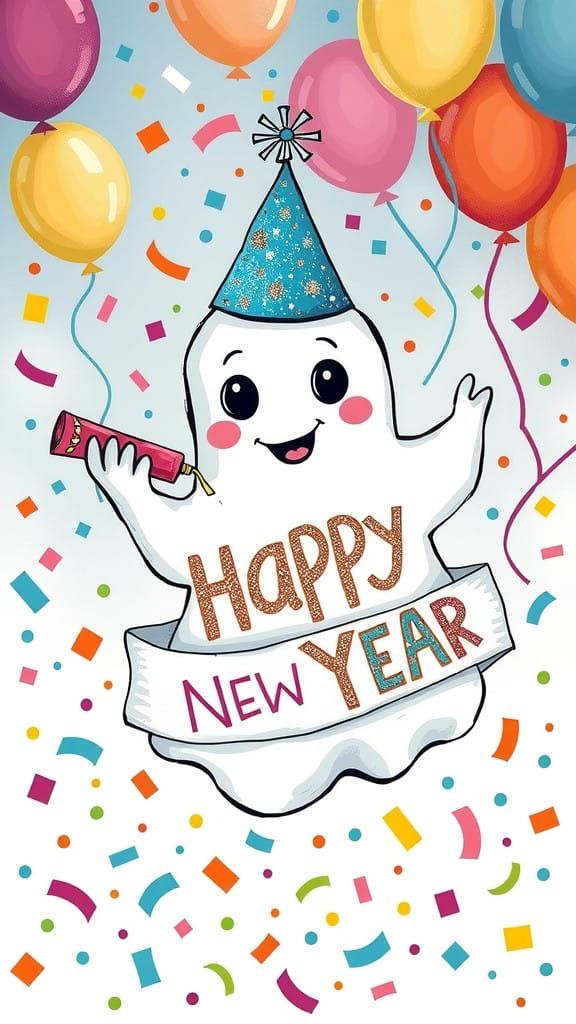 Cheerful Cartoon Ghost Celebrates New Year in Whimsical Styl...