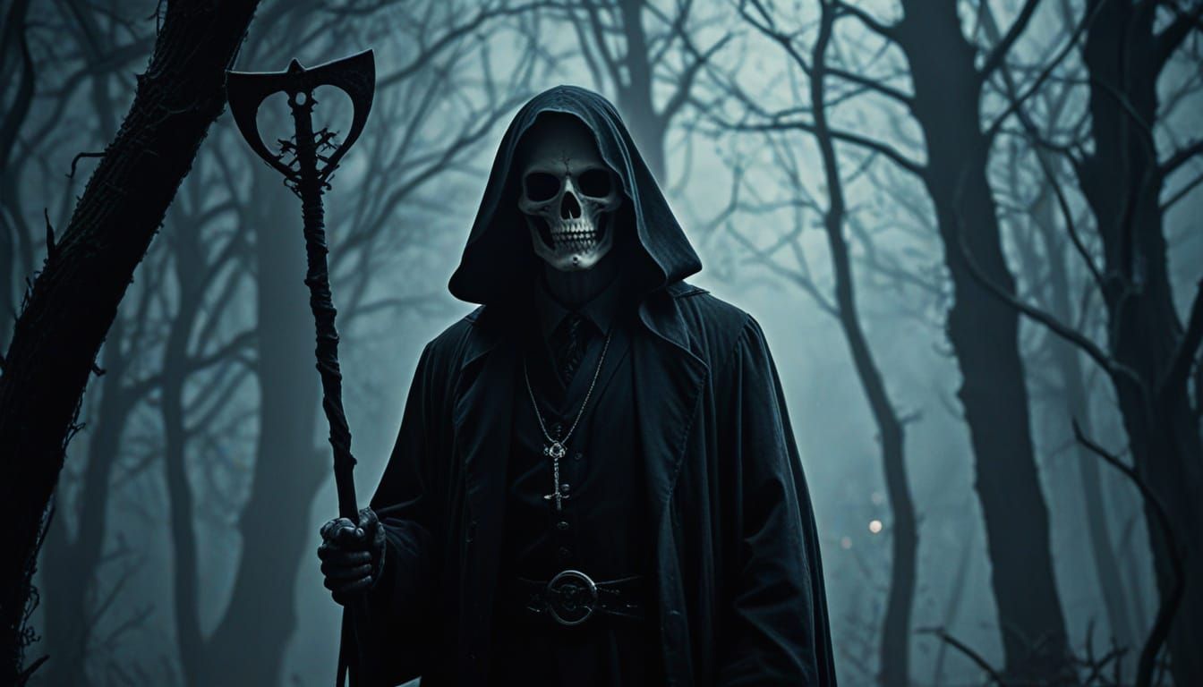 Dark Fantasy Portrait of Godfather Death in Haunting Forest