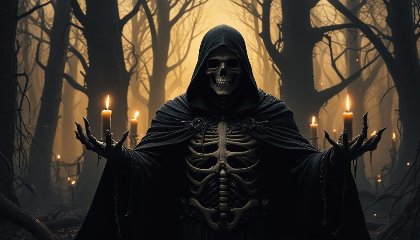 Dark Fantasy Art of Godfather Death in Haunting Forest