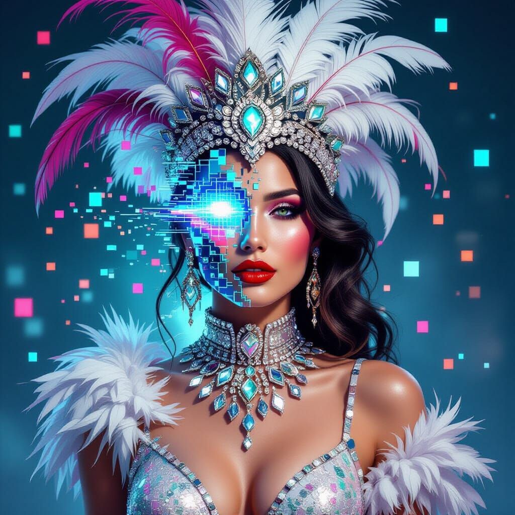 Futuristic Showgirl Dissolving into Digital Static