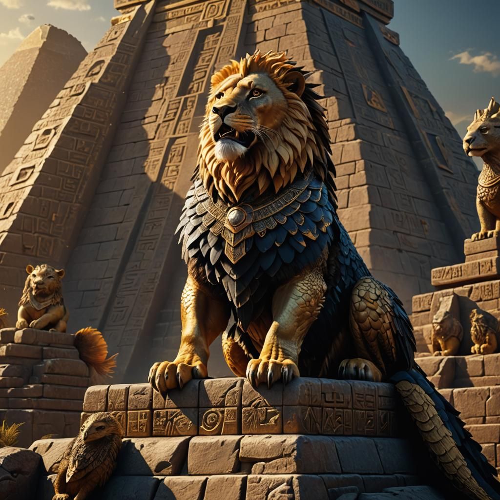 Lion-Eagle-Crocodile Hybrid on Pyramid: Fantasy Art