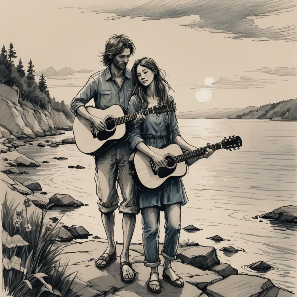 Young Couple by River with Guitar Sketch