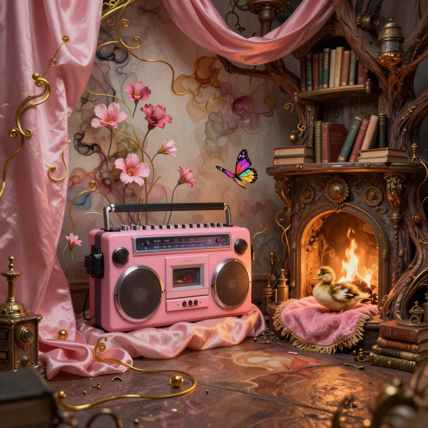 Opulent Pink Boombox in Baroque Reading Nook