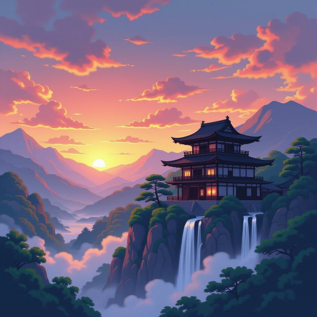 Serene Japanese Mountain Sunset with Elegant House