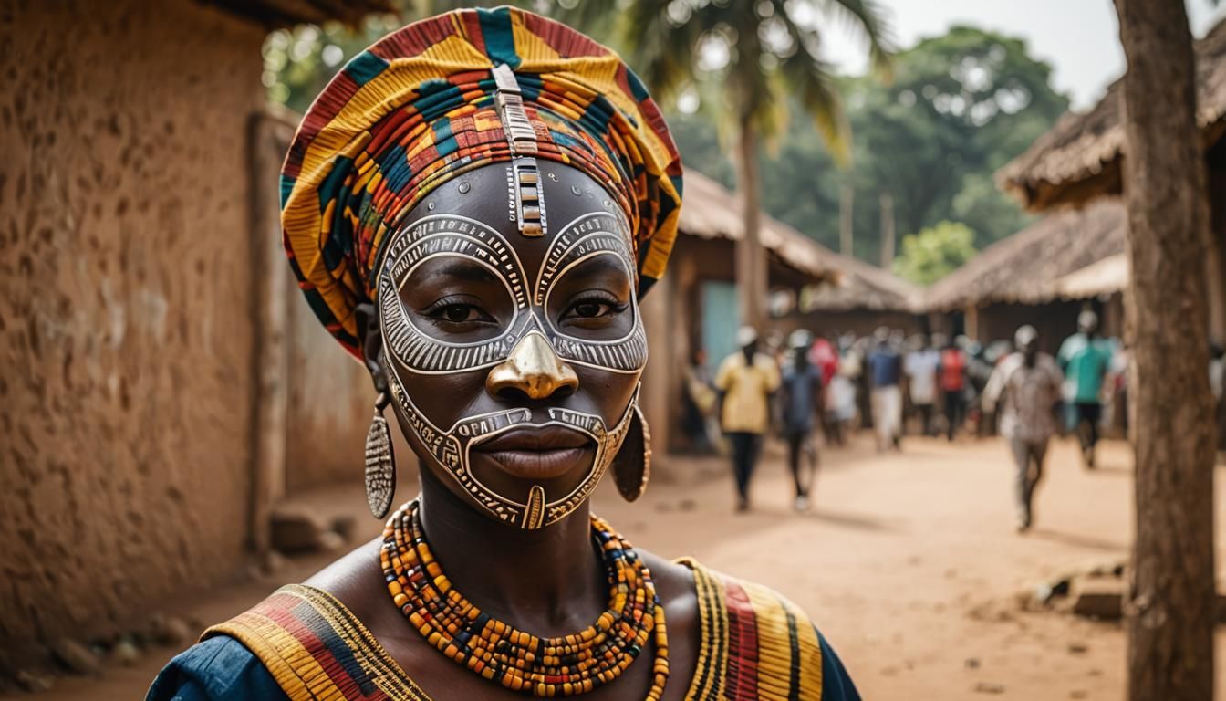 African Woman with Traditional Ghanaian Mask Portrait