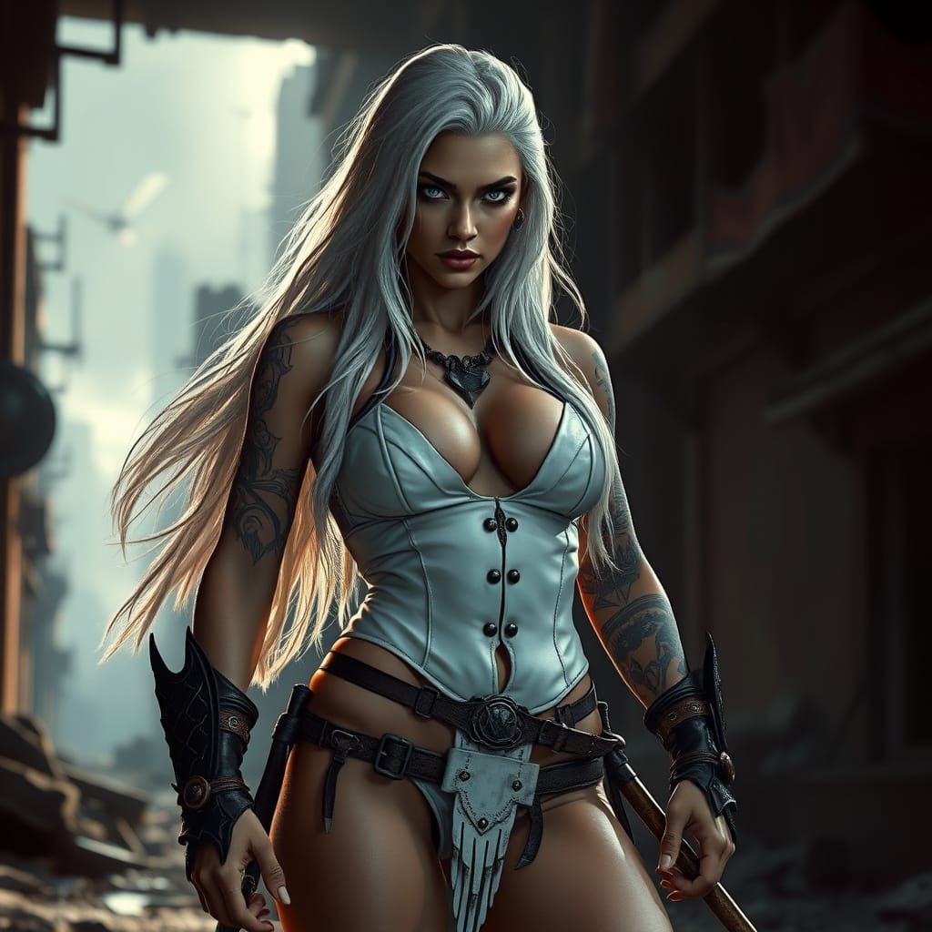 Ethereal Barbarian Warrior in Post-Apocalyptic Ruins