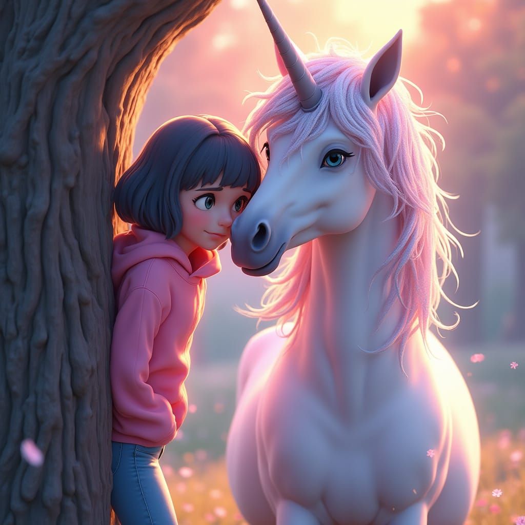 Girl Peeks at Unicorn from Behind Tree in Vibrant Anime Styl...